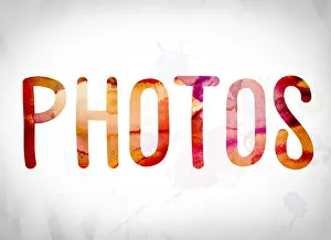 Photo Booth Prints: The word Photos written in watercolor washes over a white paper background concept and theme
