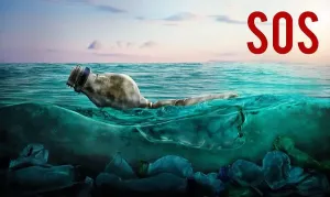 Dump Prints: Word SOS and plastic garbage in ocean. Marine pollution