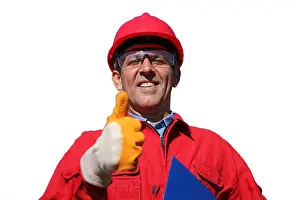 Optimistic Prints: Worker in red hard hat and coveralls gesturing thumb up