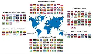 World flags and world map.Map of world and flags of the countries by continent.World flag collection
