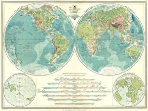 1907 Prints: WORLD: Hemispheres: Physical; Western Hemisphere; Eastern; Water Land, 1907 map