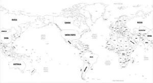 World map - America centered. High detailed political map of World with country, capital, ocean and sea names labeling