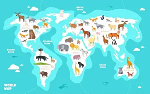 Camel Prints: World map with animals. Earth discovery funny kids geography vector illustration