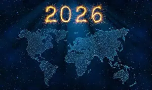 Eurasia Prints: World Map on Blue Night Sky with New Year 2026 Fireworks