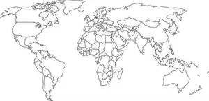 Trace Prints: World map with country borders, thin black outline on white background