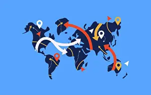 Global Positioning System Prints: World Map illustration with modern gps pointer icon and route arrows