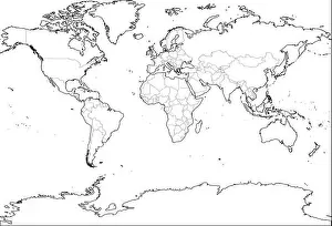 World map outline. Thin country borders and thick land contour on white background. Simple high detail line vector wireframe
