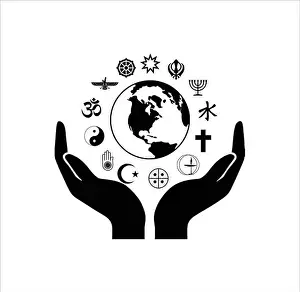 Ethnicity Prints: World Religion Symbols with Open Hands and Earth Globe Silhouette