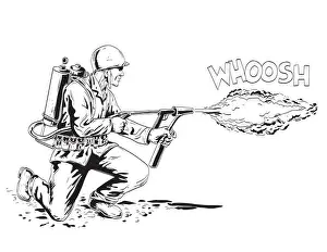 Line Drawing Prints: World War Two American GI Soldier Firing M2 Flamethrower Comics Style Drawing