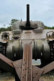 World War Two Prints: World War Two Czech hedgehog and Sherman tank of the WW2 Omaha 6 June 1944 museum at Saint-Laurent-sur-Mer