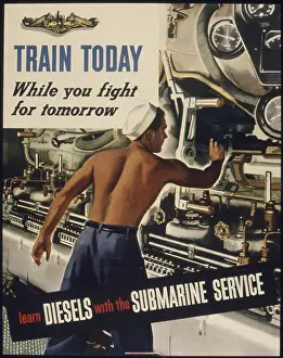 Recruiting Prints: This World War II propaganda poster encourages individuals to train for diesel mechanics with the Submarine Service