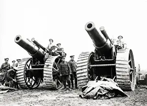 World War One, WWI, Western Front - Two gigantic guns used on German troops, France, artillery