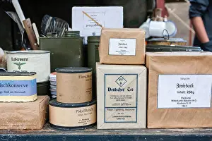 Enactment Prints: World war two re-enactment. Display of German food field supplies