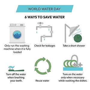 Reduce Prints: World Water Day Vector Illustration 6 Ways to Save Water