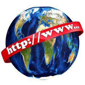 Digitally Generated Image Prints: World Wide Web icon. Red ribbon with white text http://www