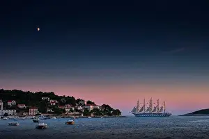 World's largest sailing ship, the 5 masted Royal Clipper of Star Clippers Line leaving the port of Hvar