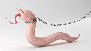 Nightmare Prints: Worm like scary creature design on chain leash, 3d illustration animal character concept