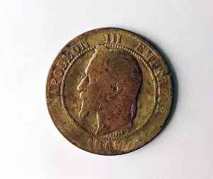 Napoleon Iii Prints: Worn Latin Monetary Union, 1865 Napoleon III 10 centimes bronze coin with laurel head design (for victory) on obverse