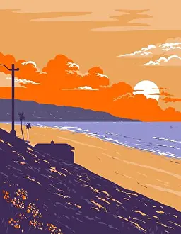 State Park Prints: WPA poster art of surf beach at Redondo Beach located along the southern portion of Santa Monica Bay in Los Angeles