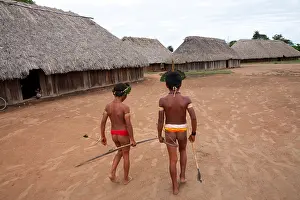 Indians Prints: Xingu indians hunting in the Amazone, Brazil