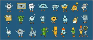 Hippie Prints: y2k school characters set. Collection of school groovy supplies with funny faces