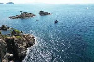 Moorings Prints: A Yacht moored in the turquoise Mediterranean sea off the coast of The South of France