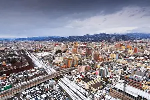 Yamagata, Japan downtown city skyline at twilight in winter