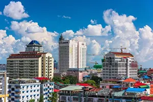 Rises Prints: Yangon, Myanmar downtown skyline with high rises in the afternoon