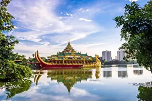 Palace Park Prints: Yangon, Myanmar at Karaweik Palace in Kandawgyi Royal Lake