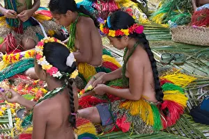 Girls Prints: Yapese girls making flower lei for Yap Day Festival