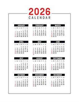 Calender Prints: Year 2026 red black vertical calendar on white background, vector template in English