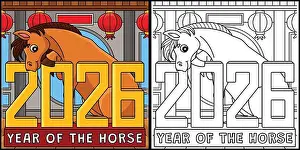 Colouring Prints: Year of the Horse 2026 Standee Illustration
