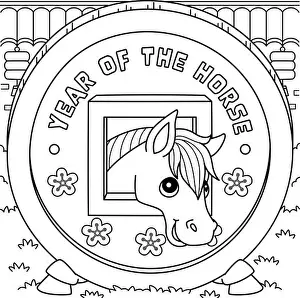 Colouring Book Prints: Year of the Horse Chinese Coin Coloring Page