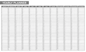 Yearly Prints: Yearly calendar empty planner template. List of task monthly written on paper