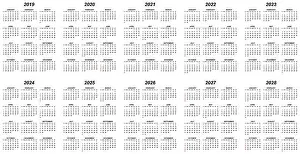 Calender Prints: Ten years simple editable vector calendars for year 2019 2020 2021 2022 2023 2024 2025 2026 2027 2028 sundays in red