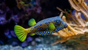 Beneath Prints: Yellow boxfish (Ostracion cubicum) is a species of boxfish found in reefs throughout the Pacific Ocean and Indian Ocean