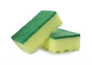 White Work Prints: Yellow cleaning sponge with abrasive green scourers on white background