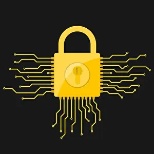 Yellow electronic lock icon in flat design. Vector illustration. Information security concept, on black background