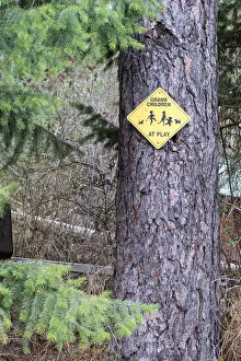 Country Road Prints: Yellow grandchildren at play caution sign