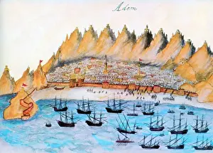 Red Sea Prints: Yemen/Portugal: Albuquerque's naval forces attack the Arabic port of Aden in February 1513
