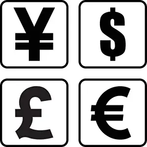 Vector Art Prints: Yen / Yuan, Dollar, Pound and Euro currency symbol set