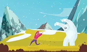 Freak Prints: Yeti scaring girl running away in state of horror cartoon background flat vector illustration