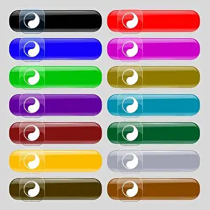 Contrasts Prints: Yin Yang icon sign. Set from fourteen multi-colored glass buttons with place for text