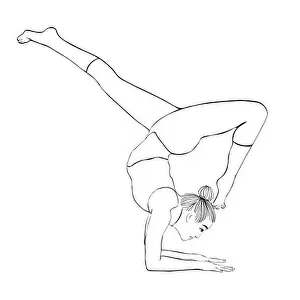 Practicing Prints: Yoga pose, woman handstand, vector coloring drawing portrait