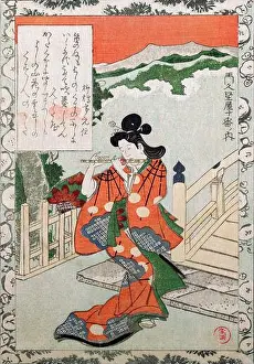 Dine Prints: Youg Woman plays a flute by a bridge