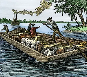 Cargo Prints: Young Abe Lincoln working on a flatboat on the Ohio River. Hand-colored woodcut