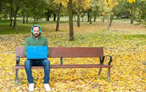 Sneakers Prints: young bearded hipster man sitting on a bench wearing blue wireless headphones while working with his laptop in a park