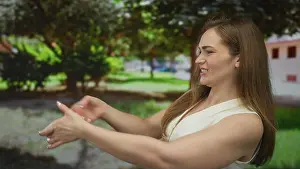 Clutch Prints: Young caucasian woman pulls an imaginary rope with outstretched arm among green trees in forest; determination