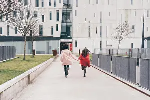 Young Couple Prints: Young couple outdoors, running hand in hand across footbridge, rear view