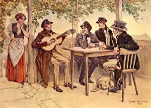 Classical Music Prints: Young guitarist with group of students on terrace of café (or garden) in late 19th century/early 20th century Vienna